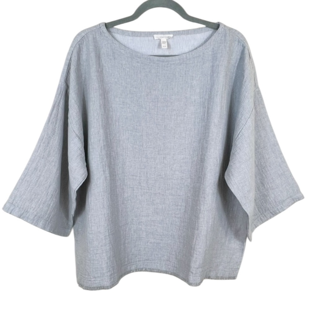 Eileen Fisher Organic Linen Cotton Boxy Top Raw Hem 3/4 Sleeve Lagenlook Gray